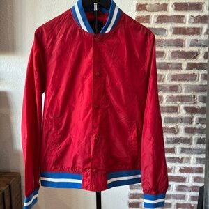 Forever 21 Red Bomber Track Jacket with Blue & White Striped Trim Mens Medium